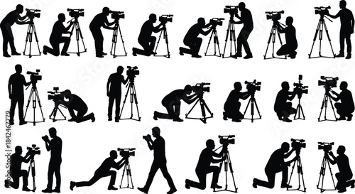 Videographer Silhouette Figures with Tripods – Dynamic Filming Poses in Standing, Kneeling, and Crouching Angles for Media and Design Use