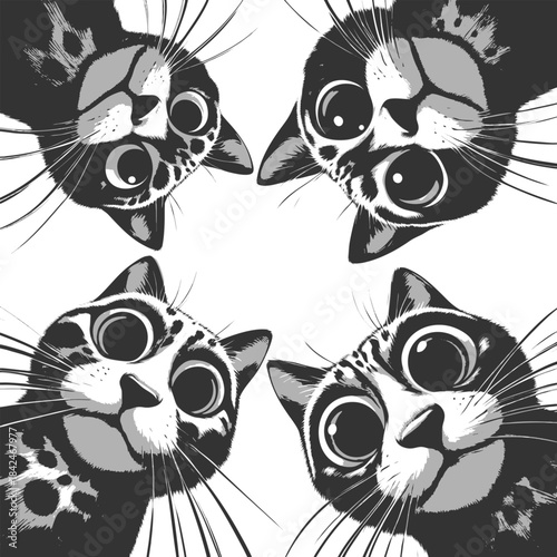 wide-eyed cartoon cats with spotted fur, peering down with curious expressions sketch engraving generative ai fictional character vector illustration. Scratch board imitation. Black and white image.