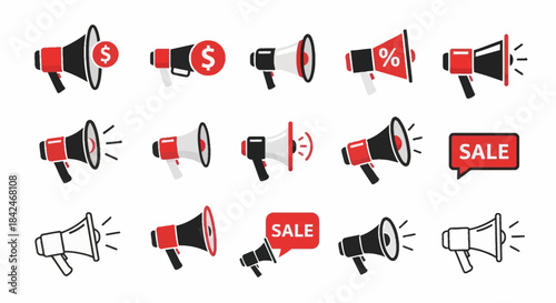 Megaphone Icons Collection: A vibrant assortment of megaphone icons, designed for a variety of uses. Each icon, bursting with energy and graphic appeal.
