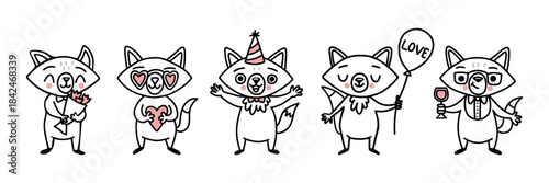 Cute cartoon fox characters with flowers, hearts, party hat, balloon and wine glass. Adorable hand-drawn animals perfect for Valentines Day, celebration designs, stickers, greeting cards and decor