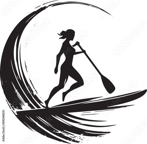 Elegant Sumi-e Paddleboarding Silhouette: Zen and Serenity on th