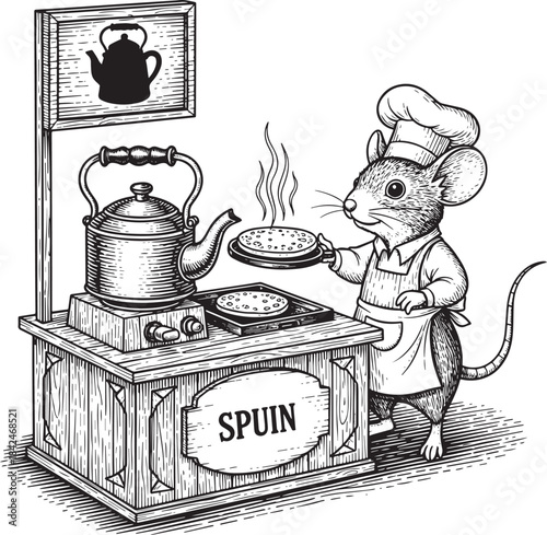 Engraved Illustration of a Mouse Chef Preparing Pancakes with Ke