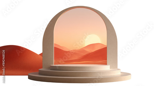 Product Display Podium in Desert Sunset Scene on Clean White Background Minimalist Showcase