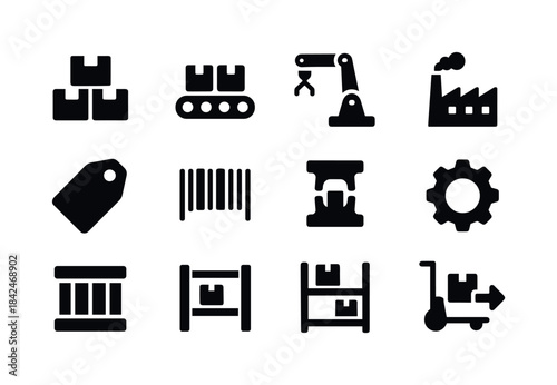 Industrial Icons Grid. Mass production. Solid icon set of mass p