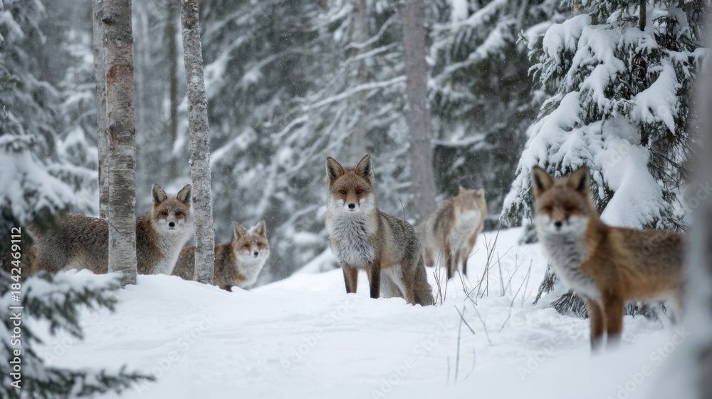 Naklejka premium A group of foxes standing in a snow covered forest during snowfall winter