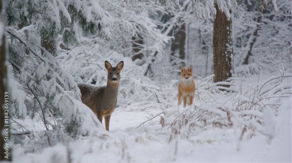 Obraz premium Roe deer and fox standing in a snow covered forest landscape wildlife winter