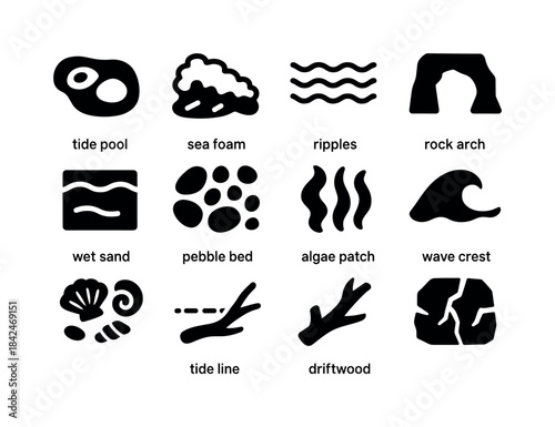 Tidal Zone Icons. Tidal zone features. Solid icon set of tidal z