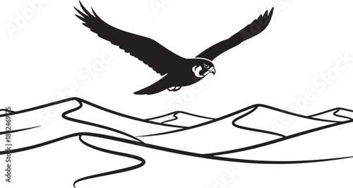Black silhouette of a falcon flying over sand dunes