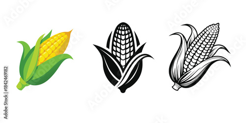 A colorful corn cob and two black and white stylized corn cob icons are displayed side by side on a white background.