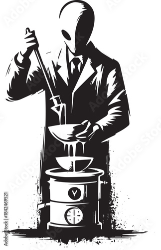 Monochrome enigmatic figure mixing unknown substances in a minim