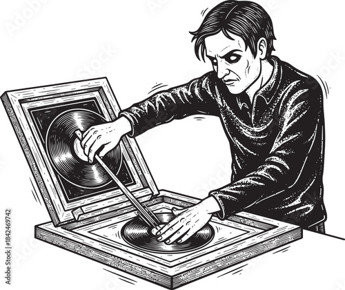 Woodcut Illustration of a Mysterious Man Repairing Records in a