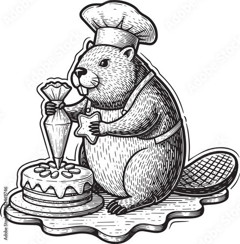 Engraved Illustration of a Beaver Chef Decorating a Cake with Fr