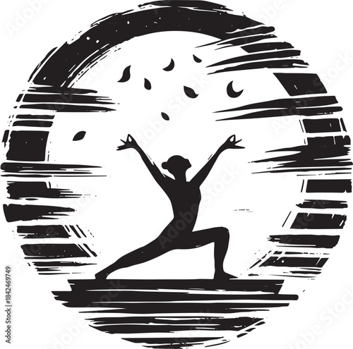 Serene yoga pose silhouette in nature with falling leaves artwor