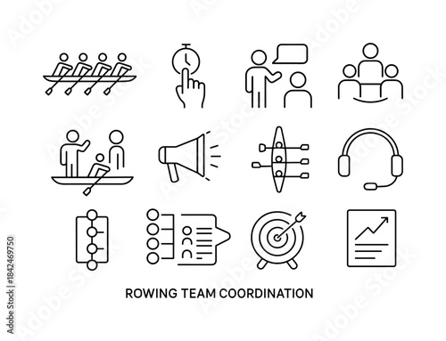 Team Rowing Icons. Rowing team coordination. Line icon set of ro
