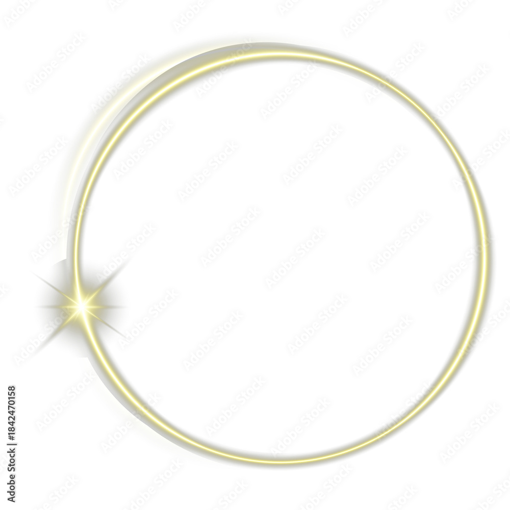 Obraz premium Golden Light Ring on Transparent Background. Magic aura golden circle clipart isolated on transparent background for luxury design and decoration. Gold glowing ring PNG. Futuristic minimal light art