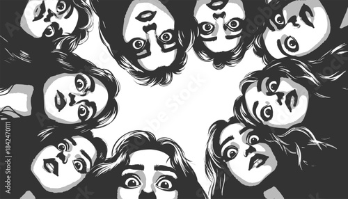 women peering down in a circle with surprised or curious expressions, ideal for teamwork or mystery themes sketch engraving generative ai vector illustration. Scratch board. Black and white image.