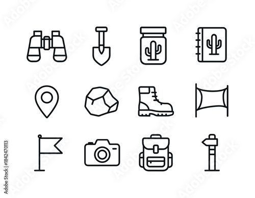 Desert Exploration Icons. Desert exploration. Line icon set of D