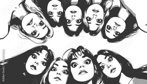 women peering down in a circle with surprised or curious expressions, ideal for teamwork or mystery themes sketch engraving generative ai vector illustration. Scratch board. Black and white image.