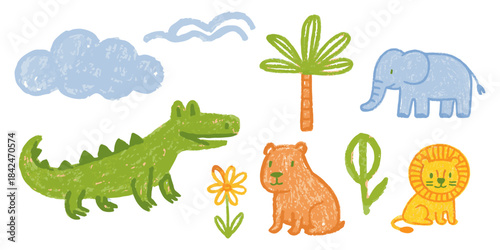 Crayon Animal Drawing Colorful Kids Vector with Nature & Wildlife Elements