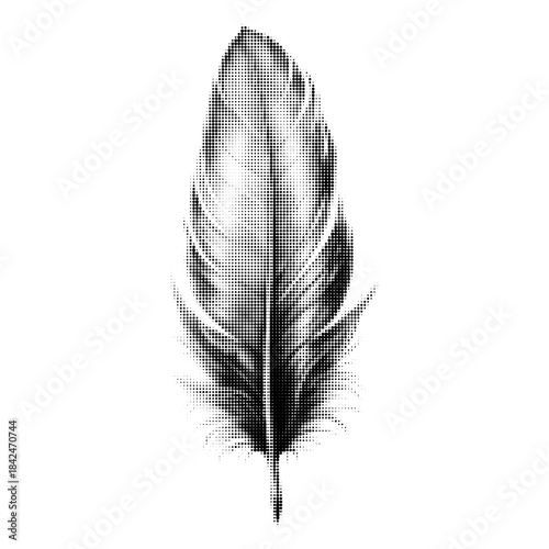 Black halftone feather illustration isolated on white background. Minimal dotted texture design for print, tattoo, poster, branding, abstract decoration, and modern graphic projects.