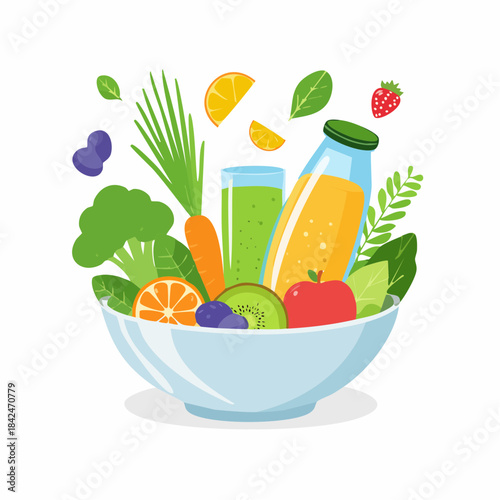 Healthy fresh smoothie and fruit bowl illustration