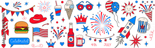 Fourth of july celebration icon collection with colorful hand drawn patriotic symbols fireworks food and americana elements set