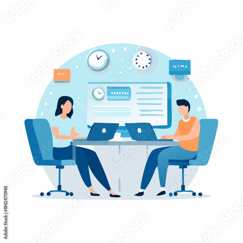 Coworkers working together in modern office space illustration
