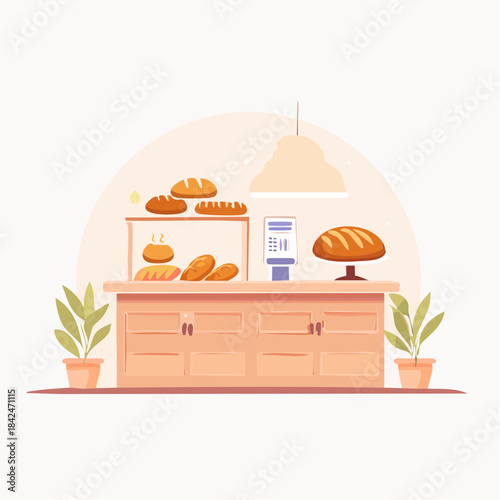 Modern bakery counter with fresh bread illustration