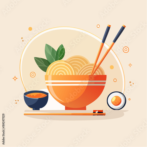 Hot noodle bowl with chopsticks and boiled egg illustration