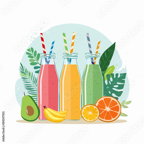 Healthy tropical fruit smoothies in glass bottles