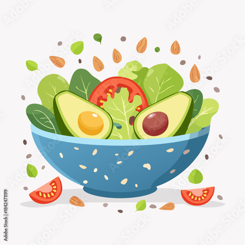 Healthy salad bowl with avocado and vegetables illustration