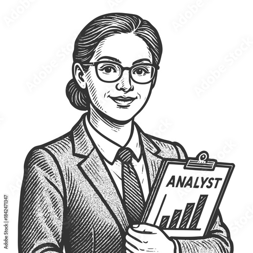female business analyst in formal attire holding a clipboard with charts sketch engraving generative ai fictional character vector illustration. Scratch board imitation. Black and white image.