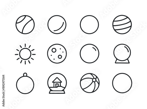 Spherical Icons Grid. Spherical objects. Line icon set of spheri