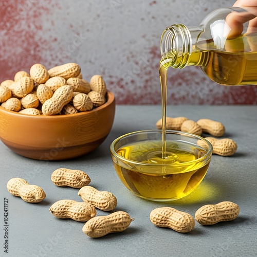 Pouring peanut oil from bottle into glass bowl with peanuts around it