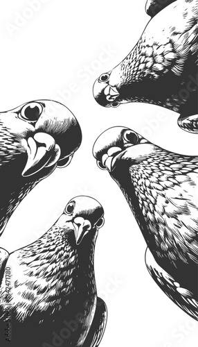 pigeons looking down, humorous visual concepts sketch engraving generative ai fictional character vector illustration. Scratch board imitation. Black and white image.