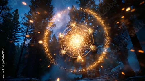 Mystical geometric star formation radiating protective energy in natural wilderness setting, with copy space
