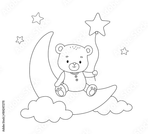 Cute teddy bear with star balloon on moon, hand drawn childish line illustration isolated on white background for coloring book for children