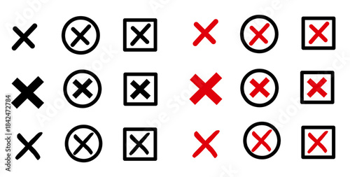Set of cross mark icon in black and red color