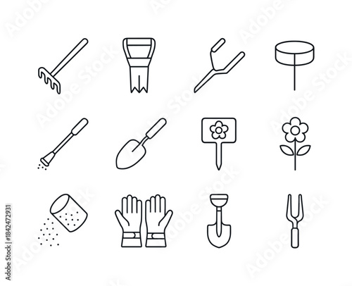 Flower Bed Tools Grid. Flower bed care. Line icon set of Flower