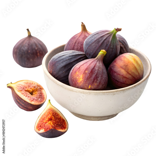 Fresh Figs in Bowl and Halves on transparent background