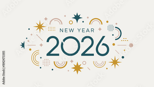 Happy New Year 2026 Celebration with Festive Geometric Decorations and Sparkles
