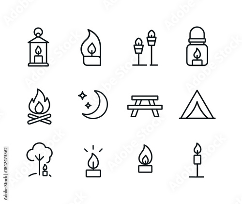 Outdoor Candlelight Icons. Outdoor candlelight. Line icon set of