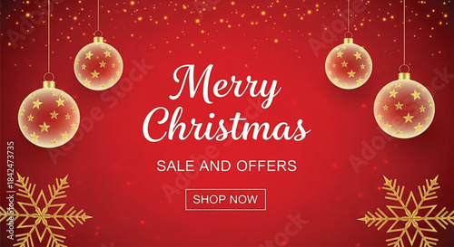 A vibrant red christmas background featuring sparkling ornaments festive snowflakes and a merry christmas message with sale offers high-quality