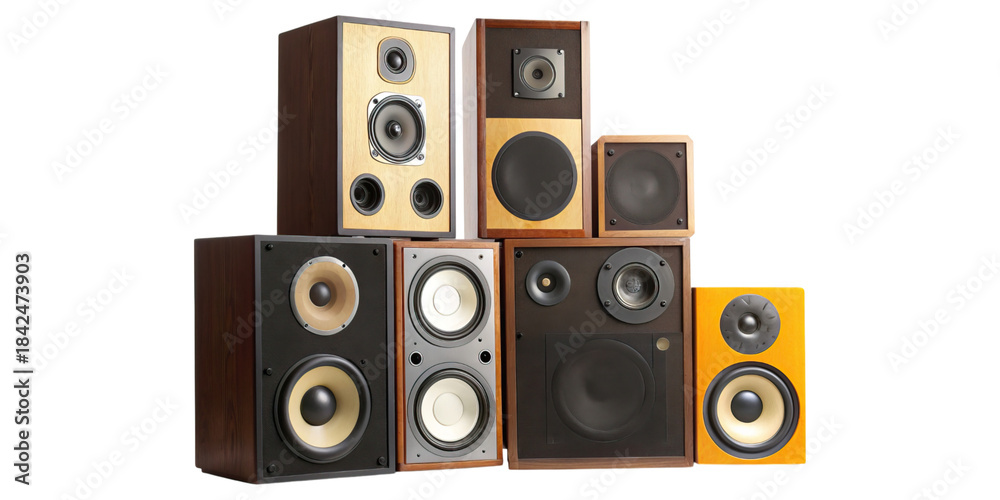 Obraz premium Pile of vintage speakers stacked in collection concept. Collection of audio speakers in various designs and sizes.