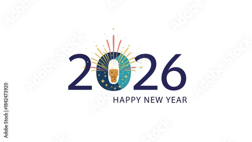 Vibrant 2026 New Year celebration graphic with sparkling fireworks burst and champagne glass design. Modern festive greeting card vector