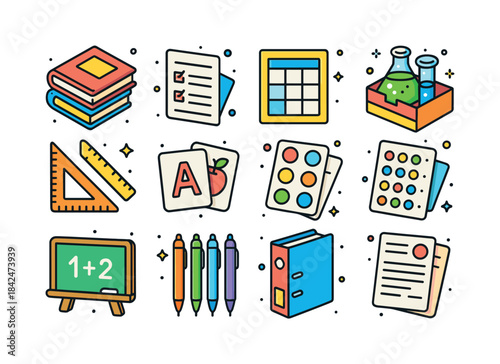 Colorful Educational Icons. Educational Materials. Colorful isom