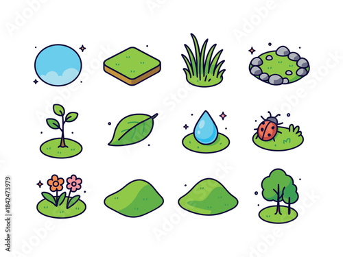 Natural Clearing Icons. Natural clearing. Colorful isometric vec