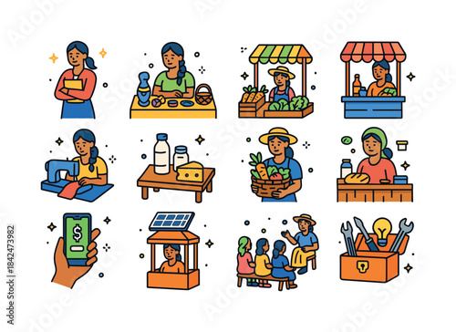 Rural Women Entrepreneurs Icons. Women entrepreneurs in rural ar