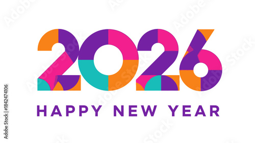 Vibrant abstract geometric design celebrating the year 2026 and New Year festivities with dynamic colorful shapes