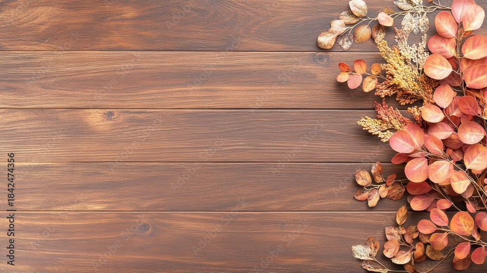 Fototapeta premium Autumnal Adornment on Wood: Delicate autumn foliage elegantly graces a rich, textured wooden surface, creating a warm, inviting composition that evokes the spirit of the season.